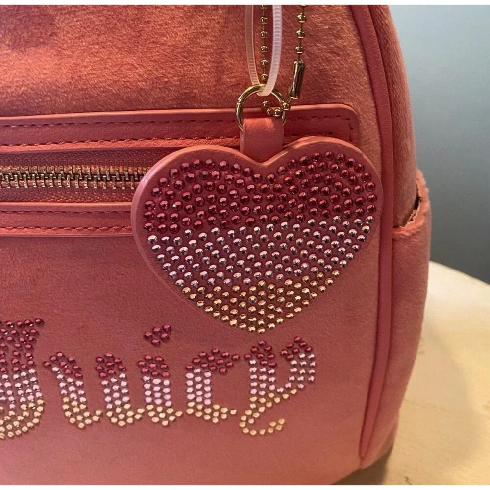 Juicy Couture Pink‎ Velour Mini Backpack Crystal Heart Charm Rhinestone Logo